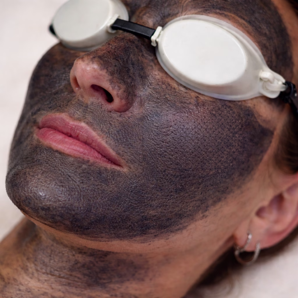 Carbon Peel con luce laser rossa su viso trattato con maschera al carbone